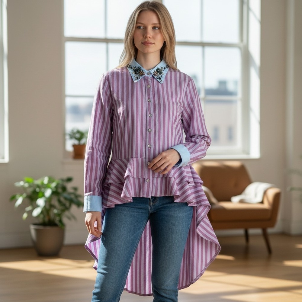 Pink Striped High Low Peplum Blouse Jeweled Collar Long Sleeve Top